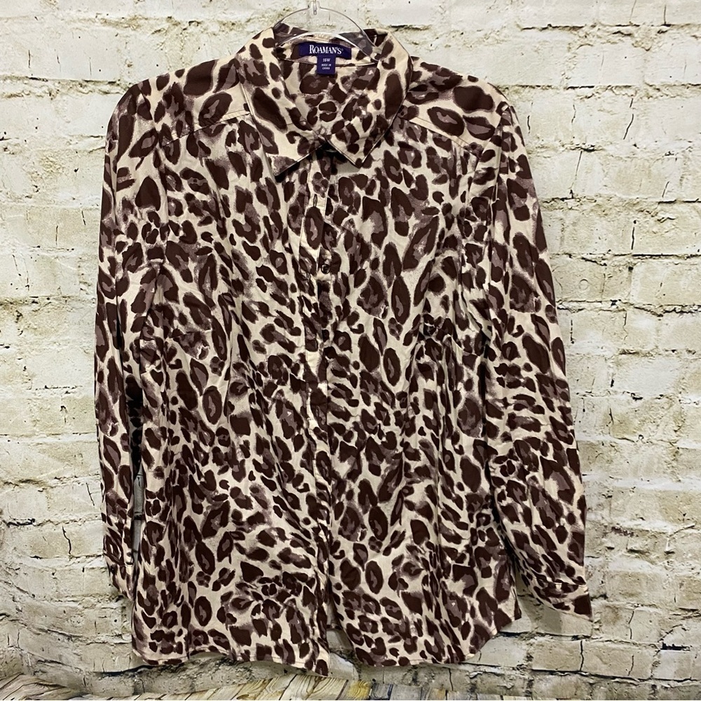 Roamans Beige Brown Cheetah Print Button Up Shirt - Picture 1 of 5